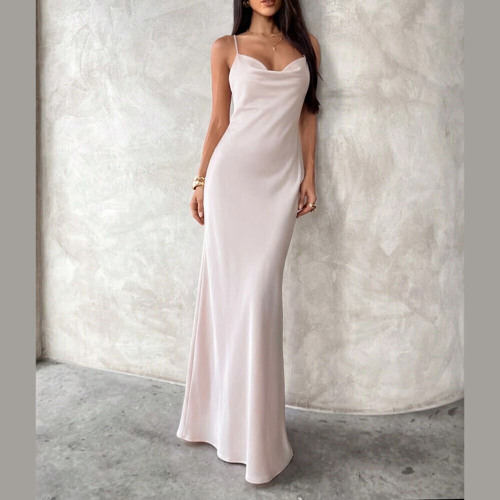 Pale Blush Pink Satin Cowl Neck Spaghetti Strap Maxi Dress
